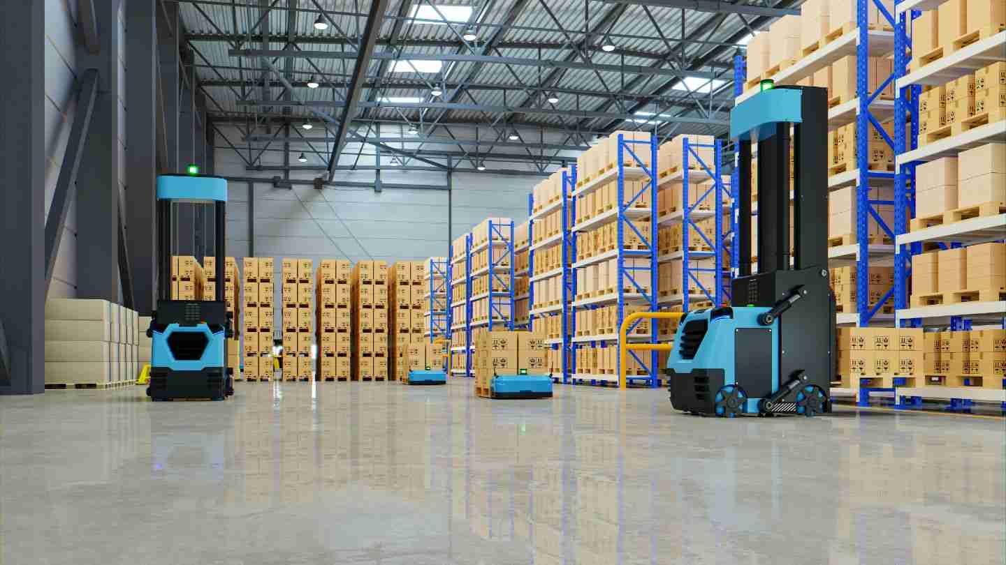 Two forklifts transporting shipping samples in a warehouse.