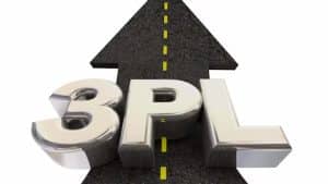 An arrow-shaped road with dashed line markings ascends over the 3D letters "3PL," indicating a concept related to third-party logistics services.