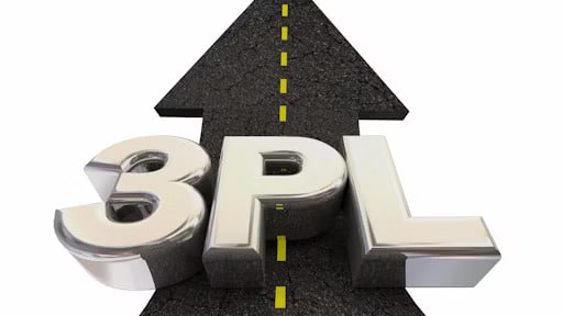 An arrow-shaped road with dashed line markings ascends over the 3D letters "3PL," indicating a concept related to third-party logistics services.