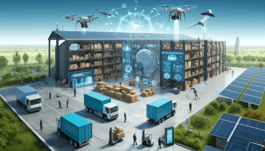 A modern warehouse showcasing the future of manufacturing with automated drones, trucks, and robotic arms handling packages. Solar panels adorn the roof, while digital interfaces and screens display logistics data.