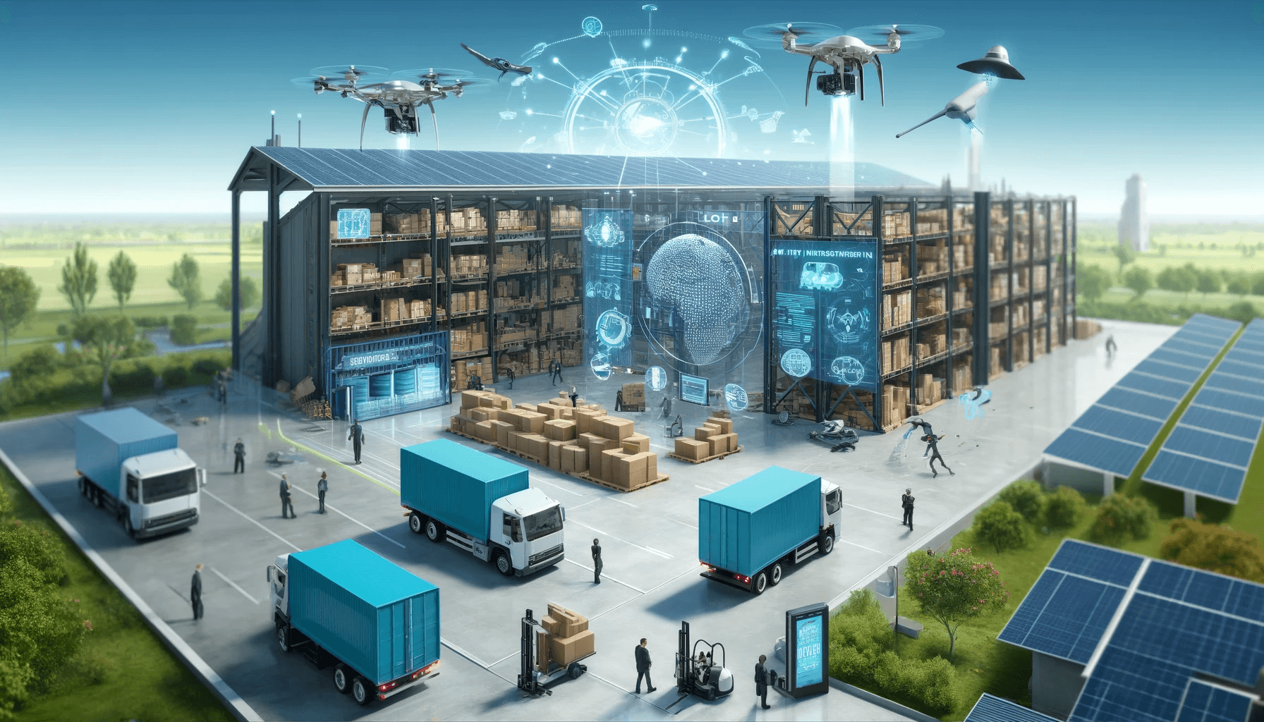 A modern warehouse showcasing the future of manufacturing with automated drones, trucks, and robotic arms handling packages. Solar panels adorn the roof, while digital interfaces and screens display logistics data.
