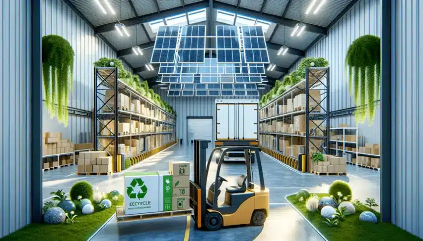 A warehouse with solar panels on the roof features shelves filled with boxes and greenery, embodying sustainability. A forklift is carrying a box labeled "Recycle," highlighting best practices in manufacturing logistics.