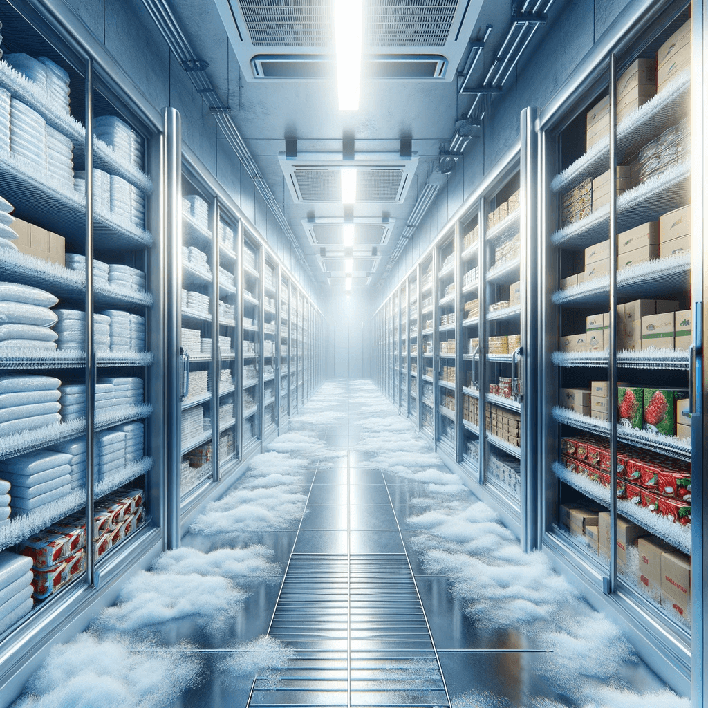 A futuristic cold storage room filled with various items on shelves, with frost and ice accumulating on the floor and shelves, all under bright overhead lighting.