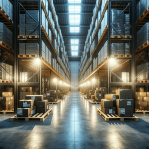 A spacious, well-lit warehouse with tall shelves storing numerous boxes and pallets stacked neatly in rows. Bright overhead lights illuminate the organized inventory in the central aisle, showcasing how our Custom Kitting Services can revolutionize your business operations.