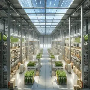 Bright greenhouse-like warehouse with tall shelves holding plants and various goods under a glass ceiling with solar panels, showcasing sustainability. Central aisle divides rows of shelves with more greenery and packed boxes, incorporating sustainable warehousing practices throughout the space.