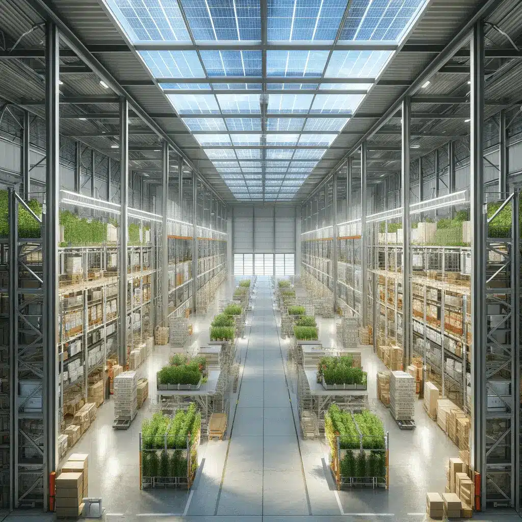 Bright greenhouse-like warehouse with tall shelves holding plants and various goods under a glass ceiling with solar panels, showcasing sustainability. Central aisle divides rows of shelves with more greenery and packed boxes, incorporating sustainable warehousing practices throughout the space.