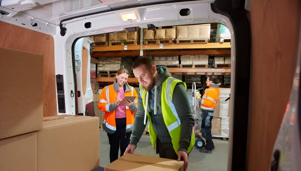 A health care professional and logistics employee loading boxes into a van.