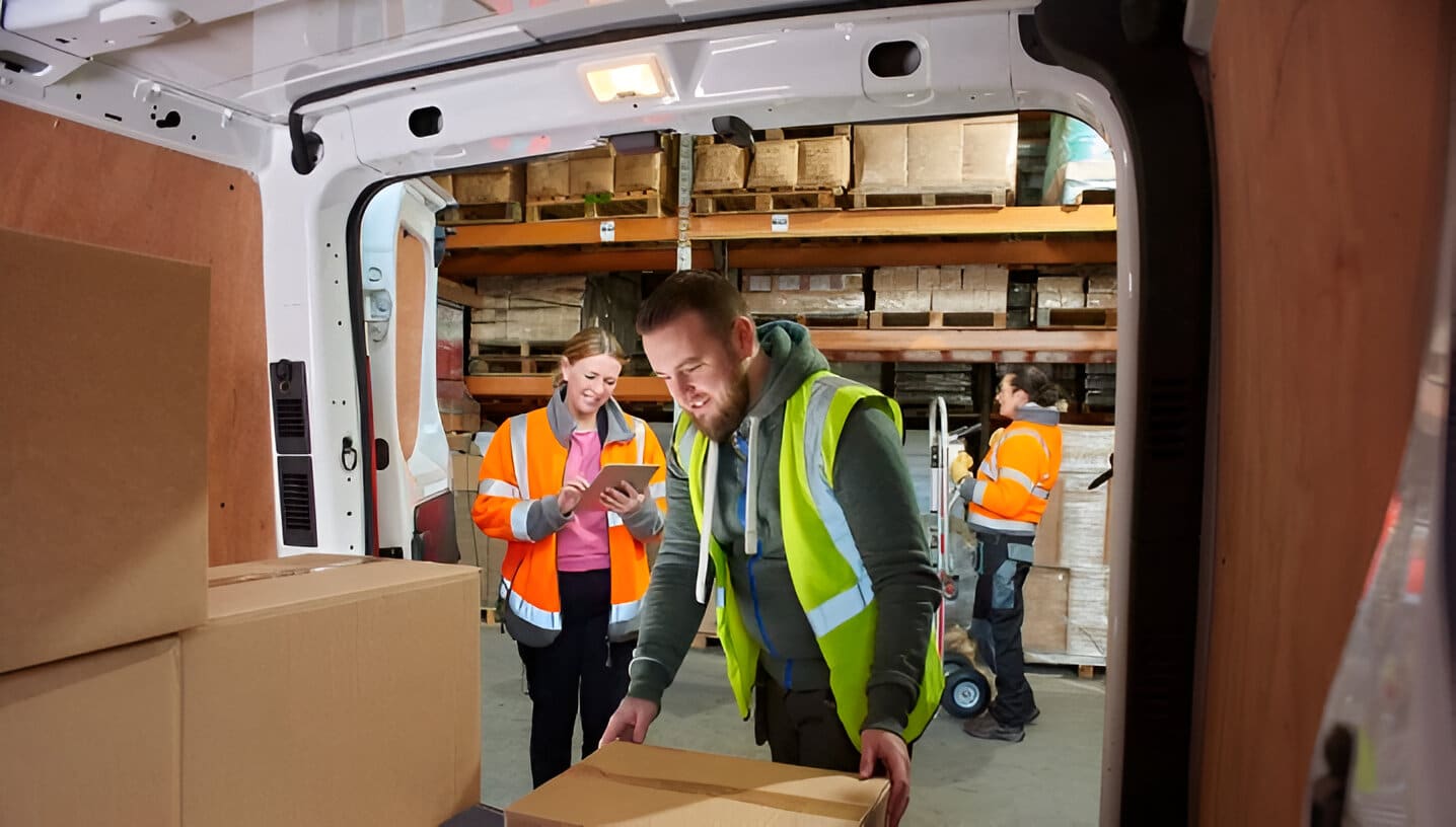 A health care professional and logistics employee loading boxes into a van.