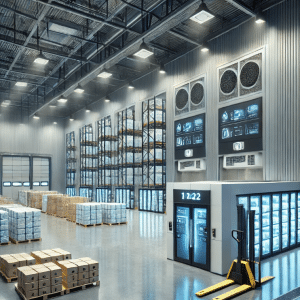 Modern warehouse interior with high shelves, boxes, and pallets. A forklift vehicle is parked near a loading area, and two large digital screens display information on the wall—key factors when choosing a cold storage warehouse.