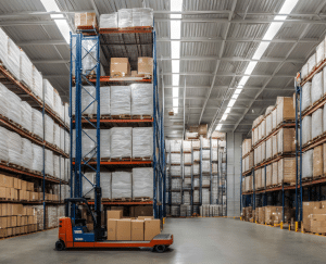 A warehouse interior with tall shelving units stacked with boxes. A forklift is moving boxes at the center of the image. The ceiling lights are on, illuminating the organized cold storage area, ideal for warehousing perishables.