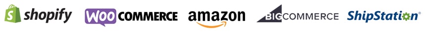 Logos of Shopify, WooCommerce, Amazon, BigCommerce, and ShipStation in a row showcase seamless integrations as a top-notch logistics solution.