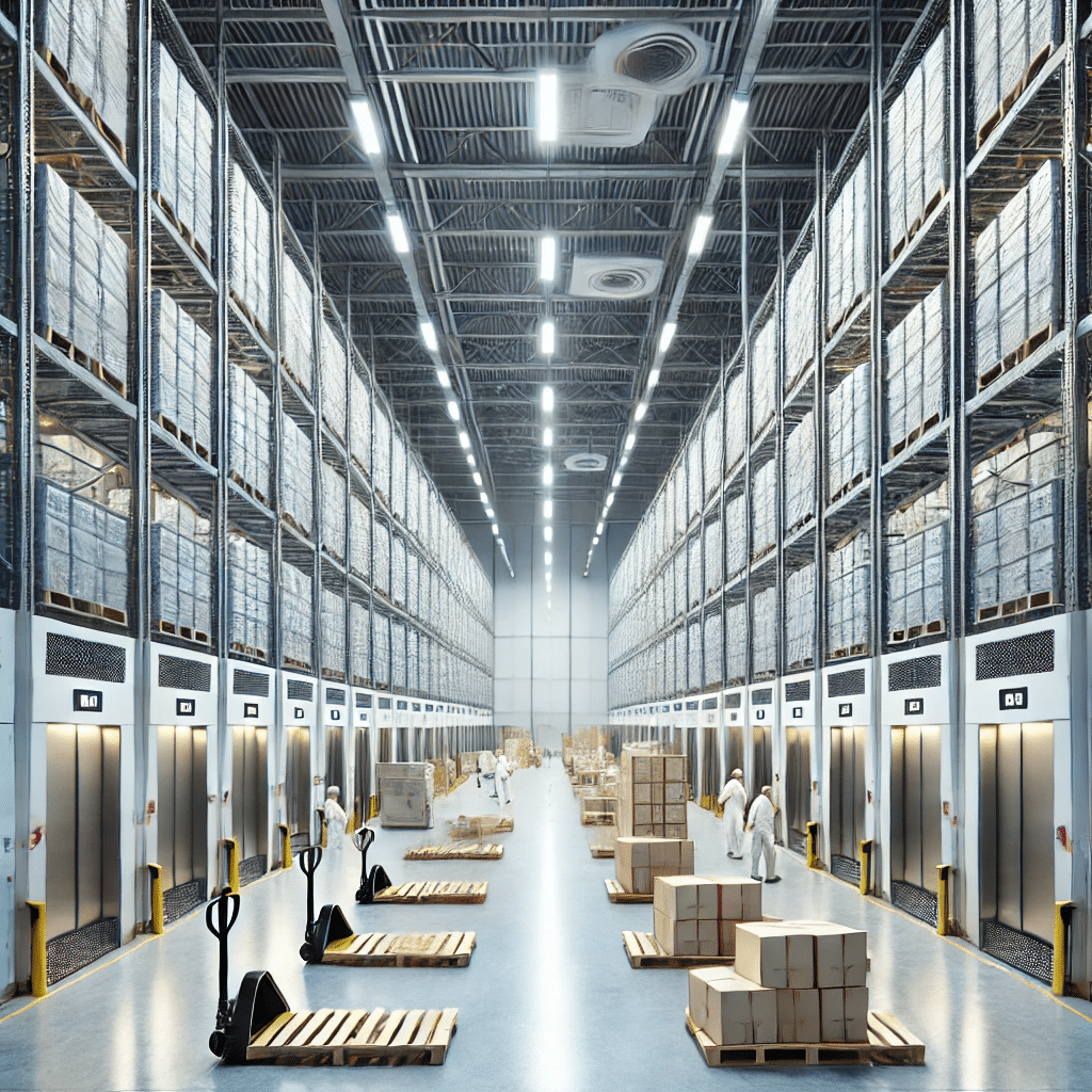 A large warehouse with tall shelves filled with boxes showcases impressive efficiency. Workers, aided by technology, move packages on pallets using advanced equipment. The well-lit space ensures swift operations under bright overhead lights.