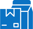 Blue icon showing a closed cardboard box and a carton, both with simple geometric shapes and minimal detail.