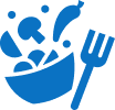 Blue icon of a bowl with vegetables and a fork, depicting food or a salad.