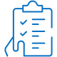 Blue outline icon of a clipboard with a checklist, showing two checkmarks and three horizontal lines representing text or tasks.