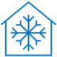 Blue outline of a house with a large snowflake symbol inside, representing indoor cooling or air conditioning.