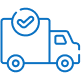 Blue outline icon of a delivery truck with a checkmark in a circle above its cargo area, indicating successful delivery or shipment.