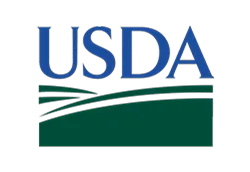 USDA logo featuring large blue letters "USDA" above green curved lines representing a field.