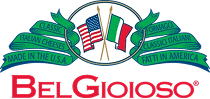 BelGioioso logo with American and Italian flags crossed, green ribbon reading “Classic Italian Cheeses Made in the U.S.A.,” and the brand name below in red.