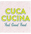 Logo with the words "CUCA CUCINA" in bold yellow outlined letters and "Feel Good Food" in blue script below, on a dotted background.