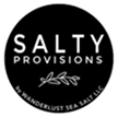 Black circular logo with the text "SALTY PROVISIONS" above an illustration of a branch, and "by WANDERLUST SEA SALT LLC" around the bottom edge.
