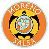A circular logo with the words "Moreno Salsa" and a stylized design featuring a turtle and a flower at the center.