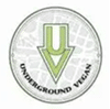 A circular logo with a large green "U" and downward arrow, labeled "Underground Vegan" on a faint map background.