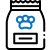 Icon of a pet food bag with a blue paw print symbol on the front and a label area below it.