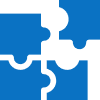 Four interlocking blue and white puzzle pieces joined together, showing close-fitting connections and curved edges.