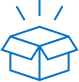 Simple line drawing of an open cardboard box with three lines above it, suggesting the box is being opened or something is being revealed.