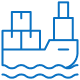 Blue line drawing of a cargo ship with stacked boxes on deck, floating on water.