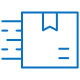 Blue line drawing of a package with motion lines to the left, suggesting fast delivery or shipping.