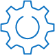 Blue outlined gear icon on a light gray background.