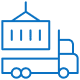 Line drawing of a truck carrying a shipping container being lifted by a crane.