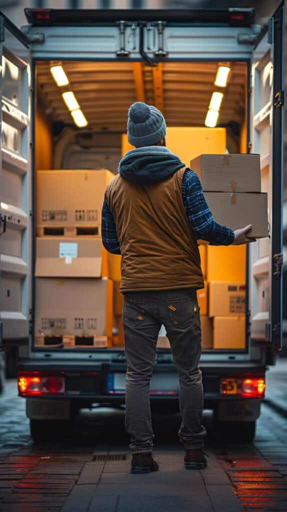 A person in casual clothing loads cardboard boxes destined for a cold storage warehouse into the back of a delivery van on a city street.