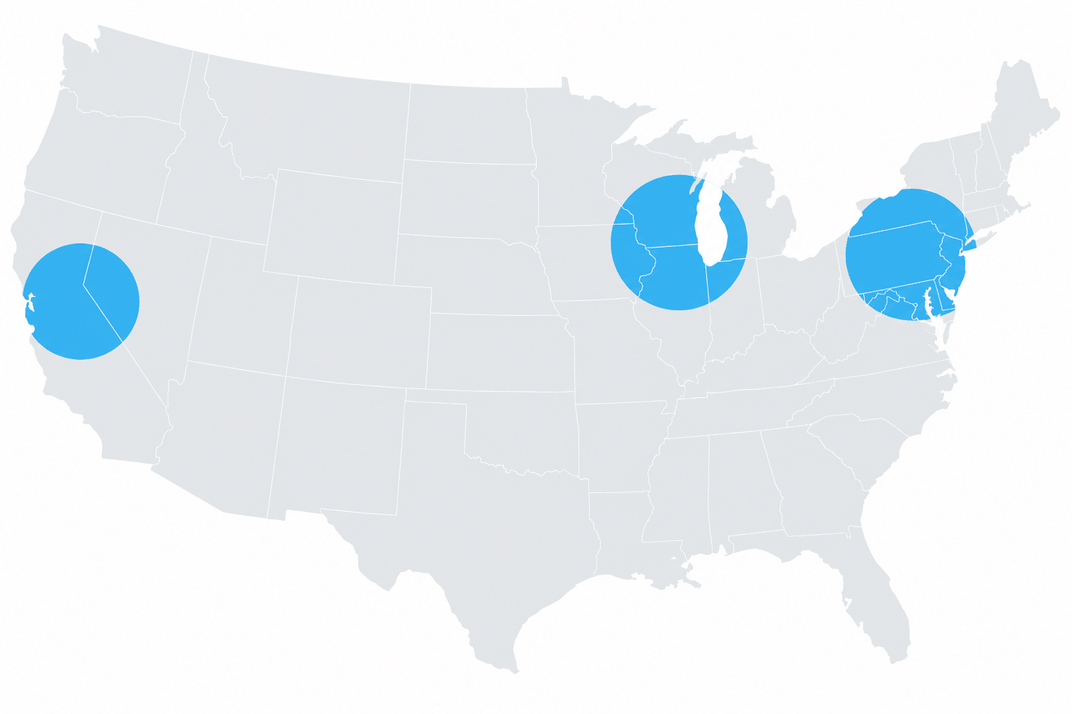 Map of the United States with three large blue circles over California, the Great Lakes region, and the northeastern states, highlighting major hubs for 3PL cold storage and cold chain fulfillment.