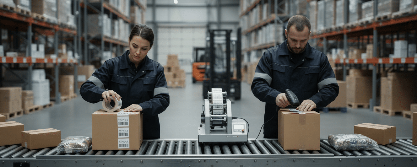 Warehouse workers labeling cartons on a conveyor