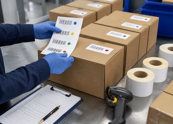 Worker matching barcode labels to boxed products