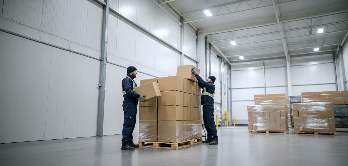 Warehouse team reviewing palletized freight for repacking