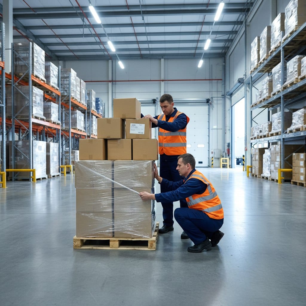 Worker stabilizing palletized freight with stretch wrap