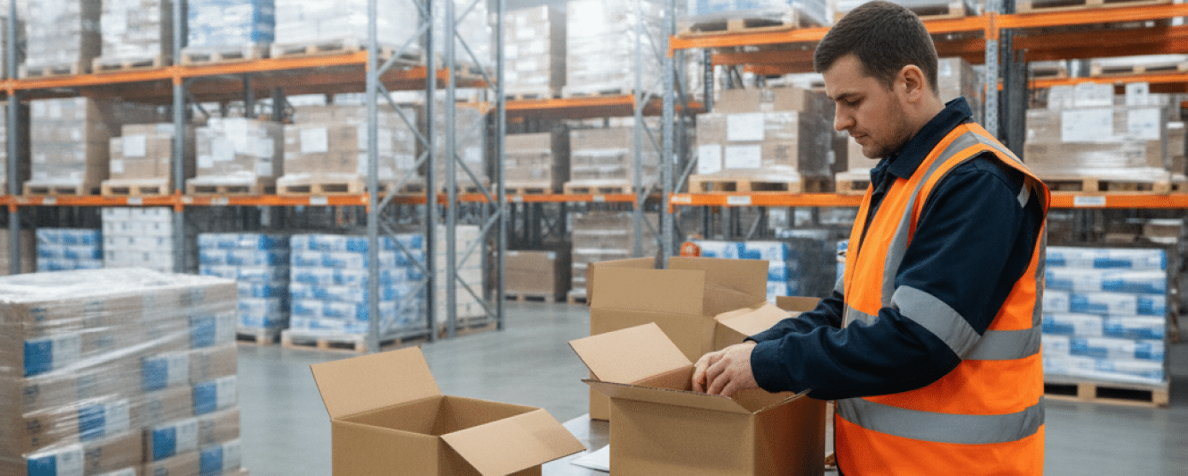 Warehouse worker inspecting boxed inventory for rework