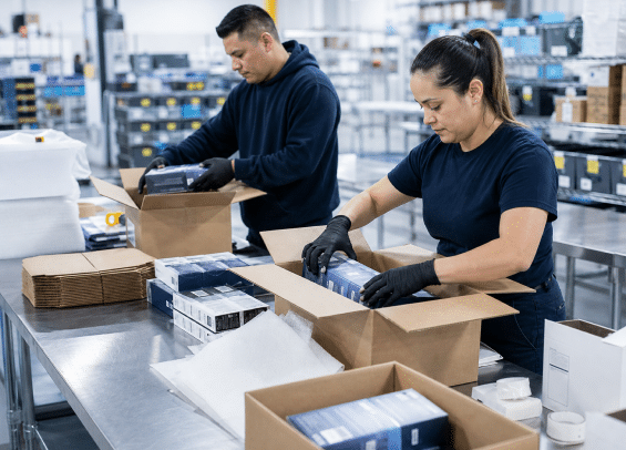 Workers sorting and correcting packaged warehouse products